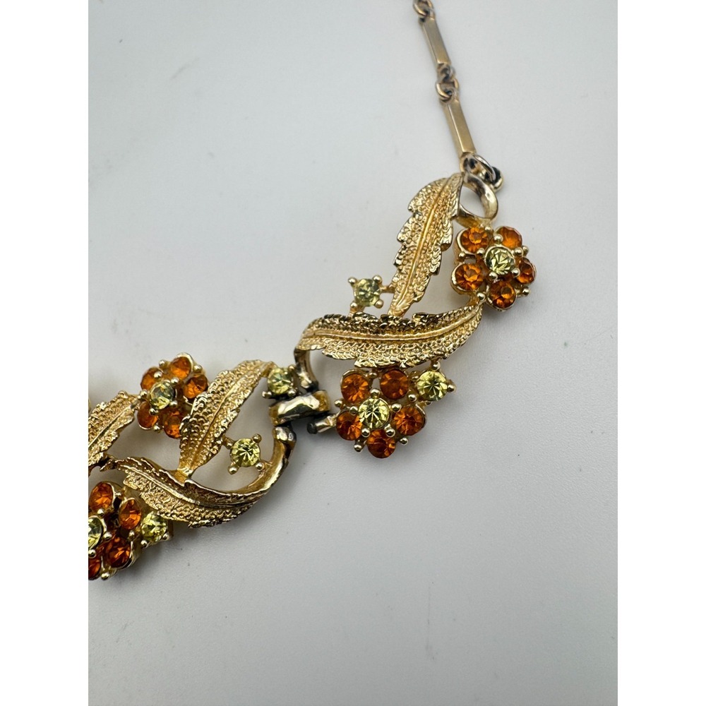 Vintage Coro Necklace Gold Tone Orange Rhinestone Flower Leaf Bib - Picture 4 of 11